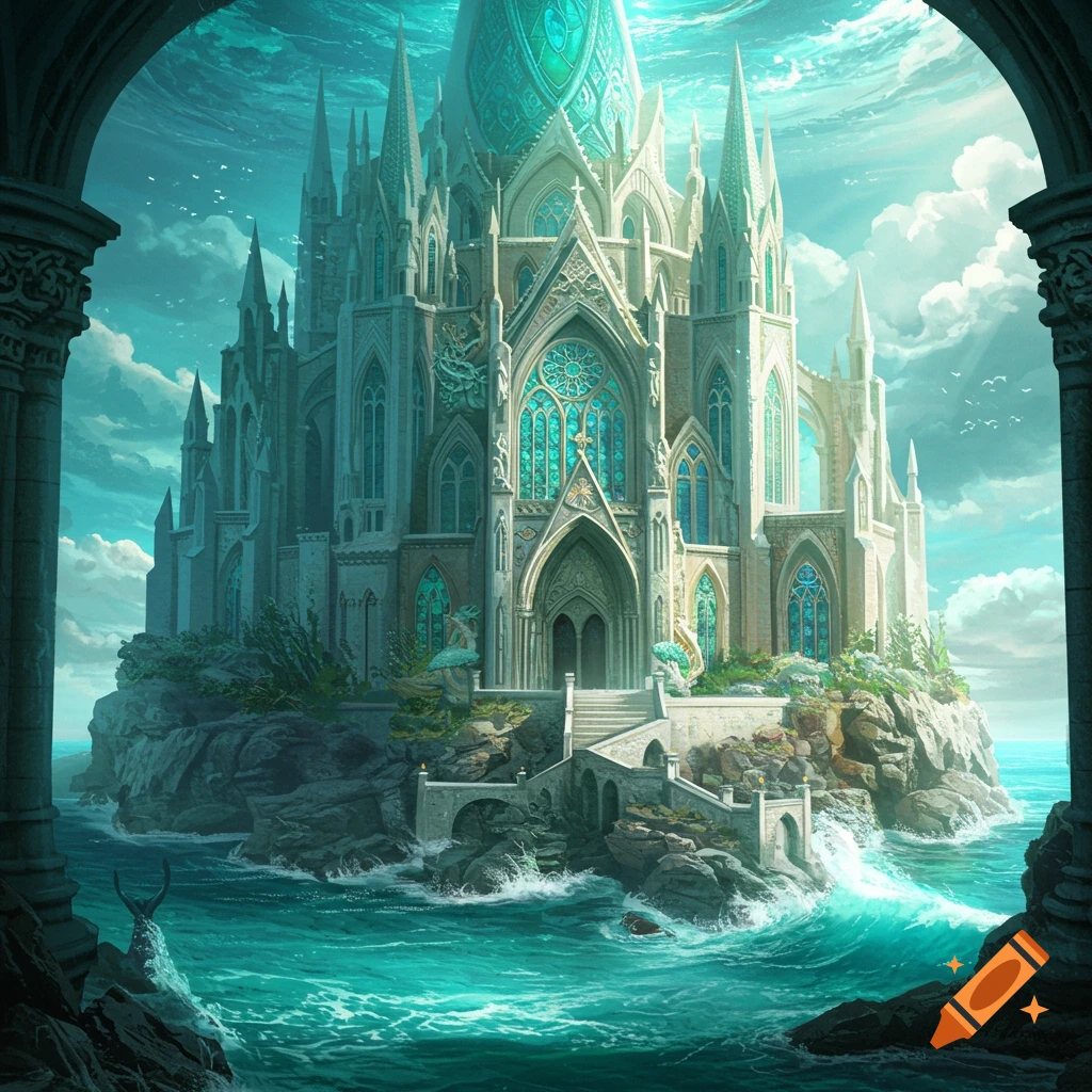 A majestic, ornate fantasy cathedral with spires and turquoise windows stands on a rocky island in a vibrant, wavy ocean under a cloudy sky.