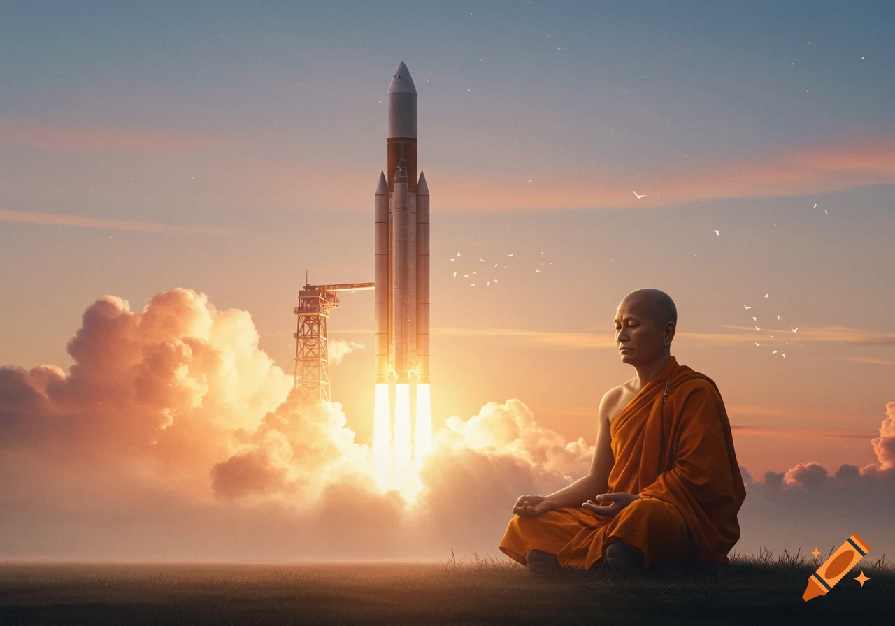A monk meditates on grassy ground as a large rocket launches in the background at sunset, with birds flying.