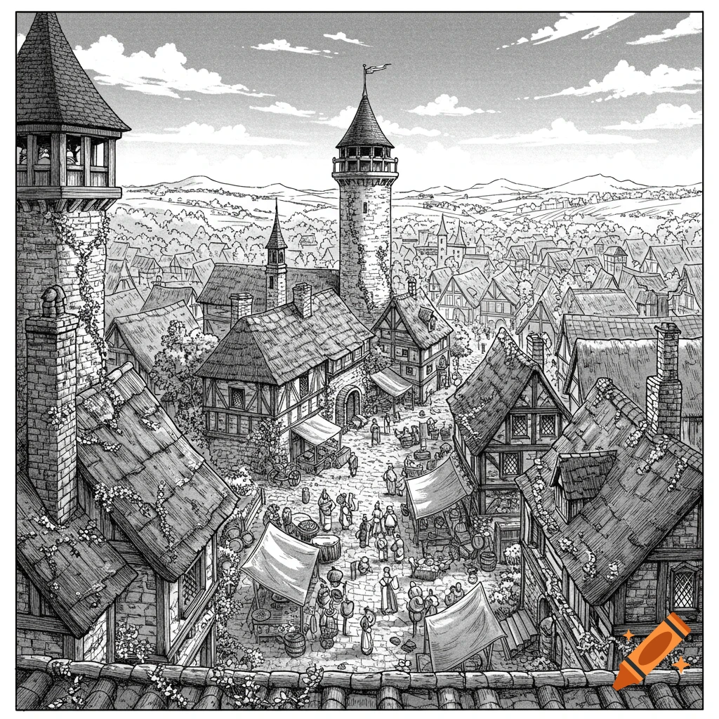 A detailed black and white illustration of a bustling medieval village market square, seen from above, with towers and half-timbered houses.