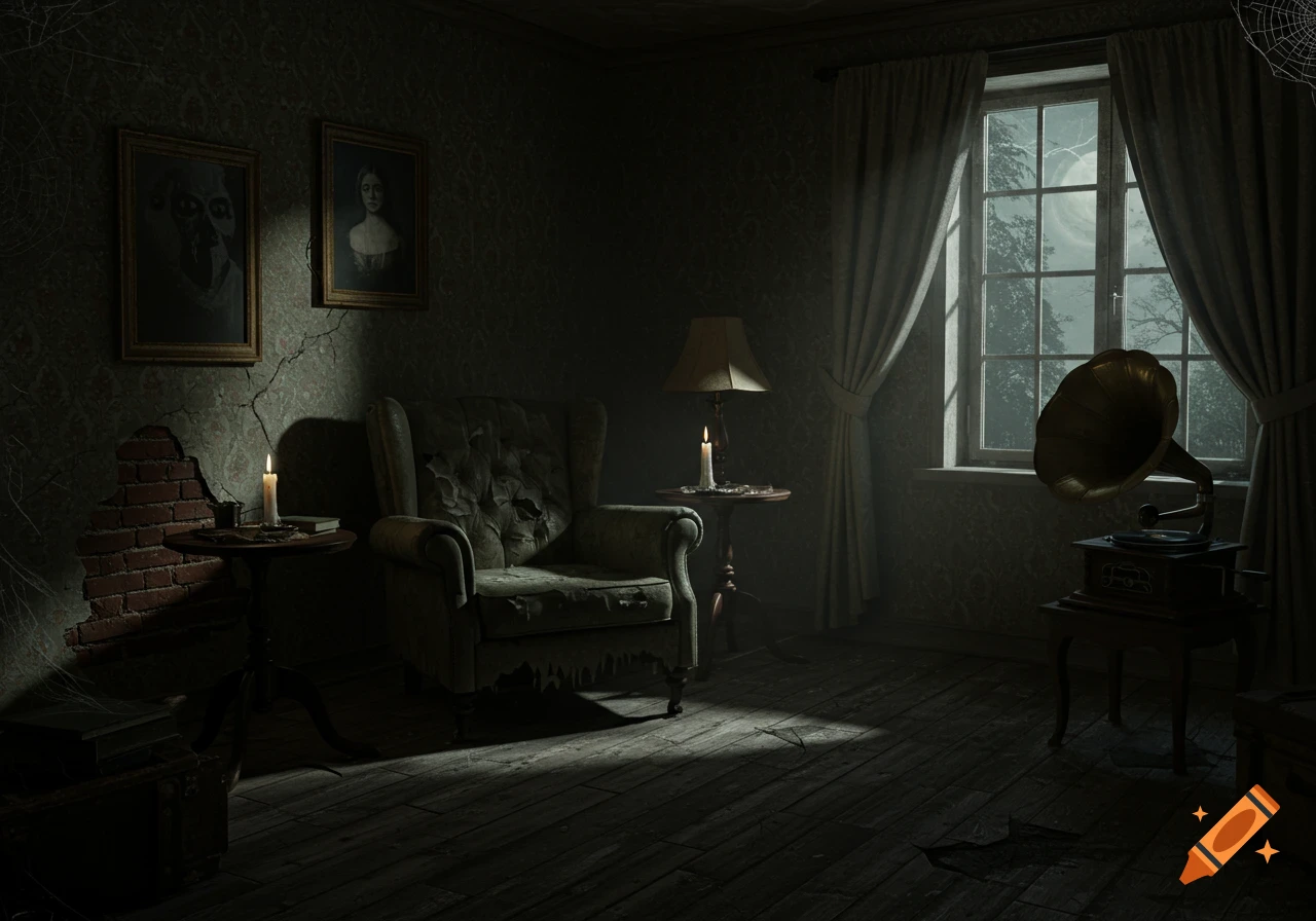 A dark, eerie room with a tattered armchair, gramophone, and candles, illuminated by moonlight through a window, with cobwebs and cracked walls.