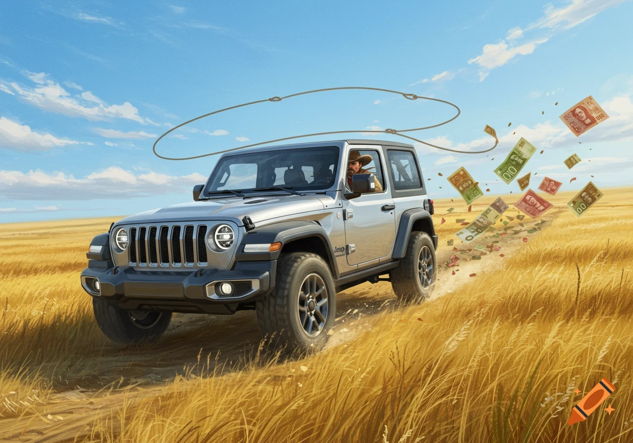 A cowboy in a silver Jeep Wrangler drives through golden prairies under a blue sky, using a lasso to catch Canadian money bills.