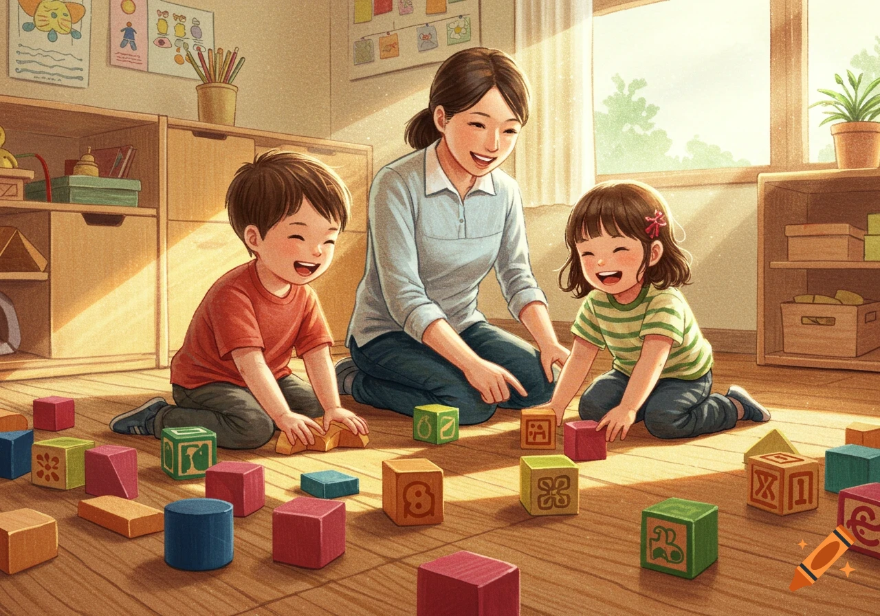 A warm illustration of a smiling adult and two happy children playing with colorful wooden building blocks on a sunlit floor in a playroom.