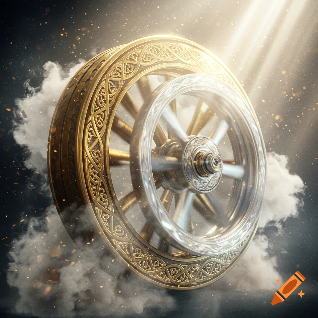 Two ornate, golden and silver wheels spinning amidst glowing light rays, smoke, and sparks against a dark background.