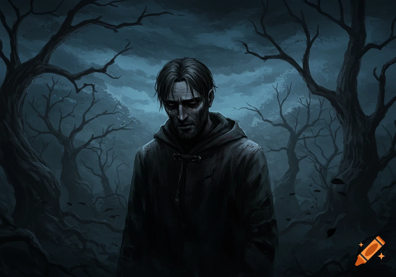 A sad man in a dark cloak stands in a gloomy forest under a cloudy sky, digital painting.