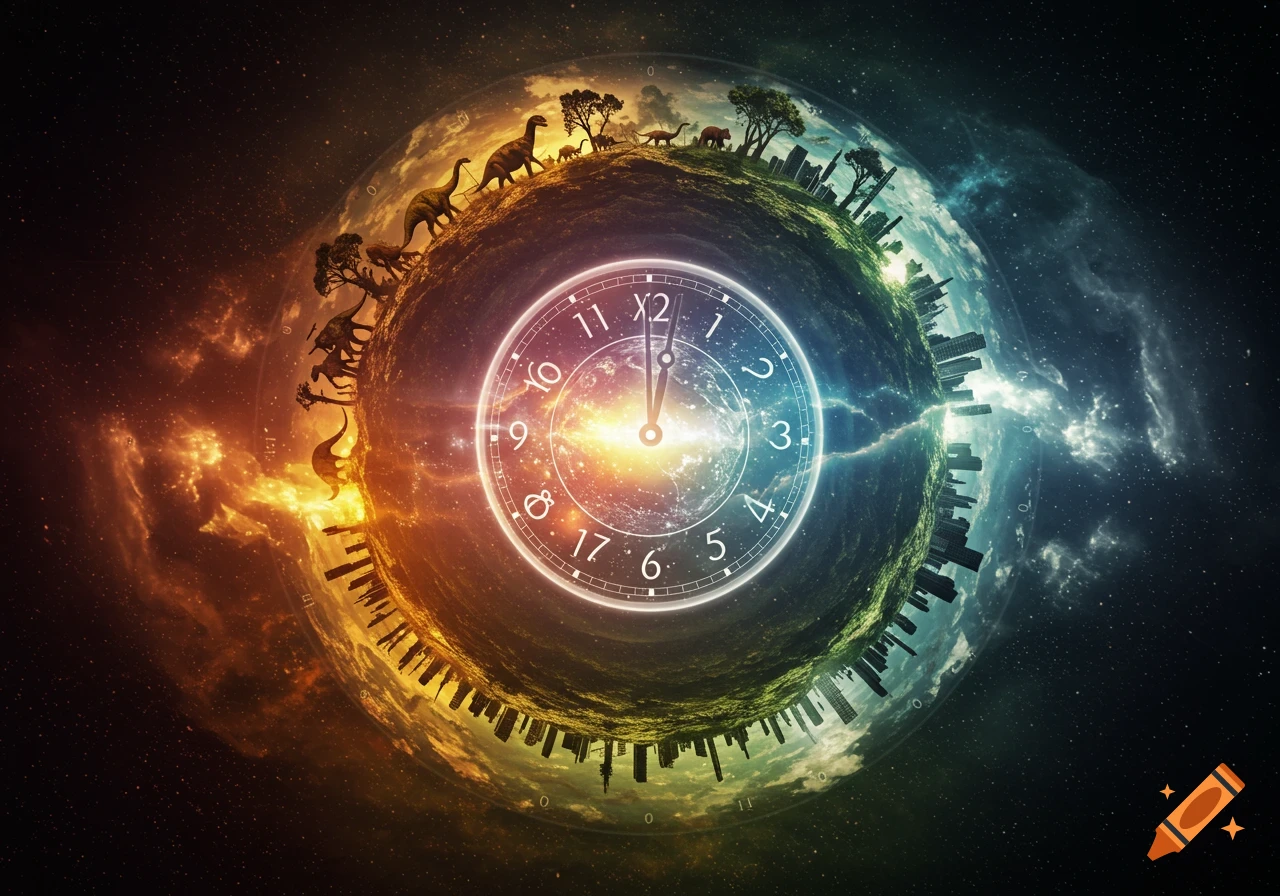 A conceptual image of a spherical Earth, half orange with dinosaurs, half blue with cities, a clock face at its center.