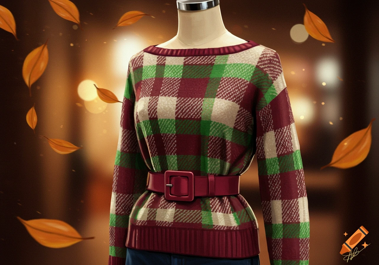 A red, green, and cream plaid sweater with a red belt and boat neck on a mannequin, with autumn leaves in the background.
