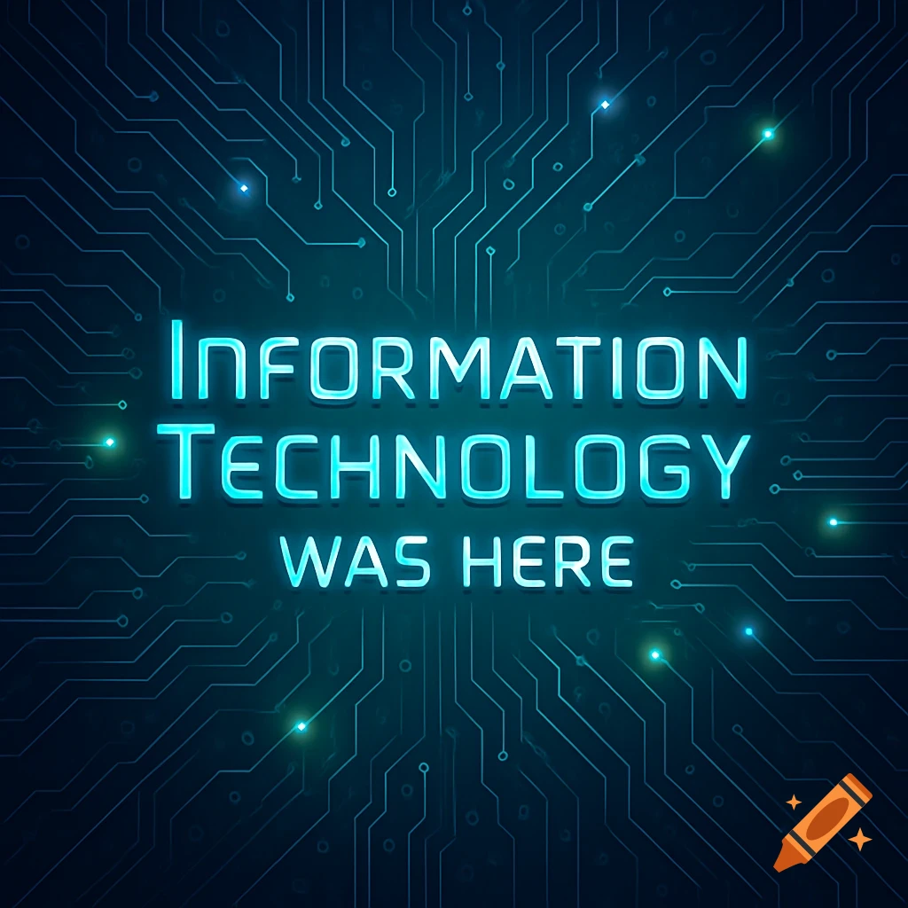Digital graphic with glowing blue text 'Information Technology Was Here' on a dark circuit board pattern.