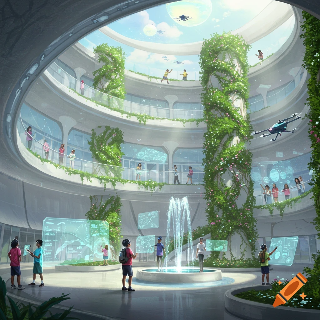 A futuristic, multi-story building with a central atrium, lush greenery, fountains, children, drones, and holographic displays.