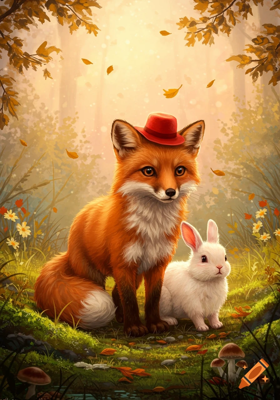 A cute fox wearing a red hat sits next to a white bunny in a vibrant autumn forest with falling leaves and mushrooms, illustrated in a charming style.