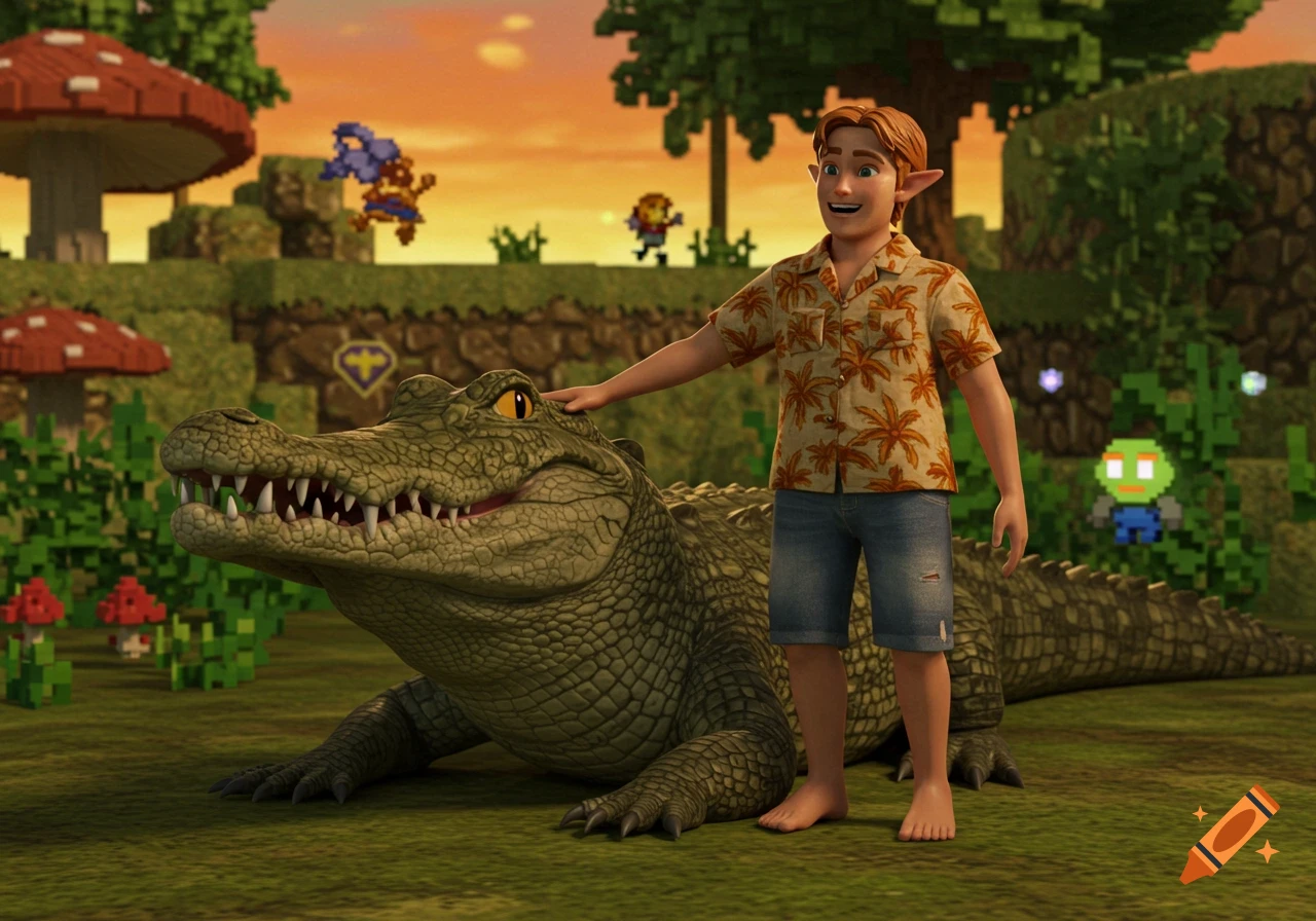 A man with elf ears pets a large alligator in a colorful, pixelated 3D video game world with blocky trees and mushrooms.