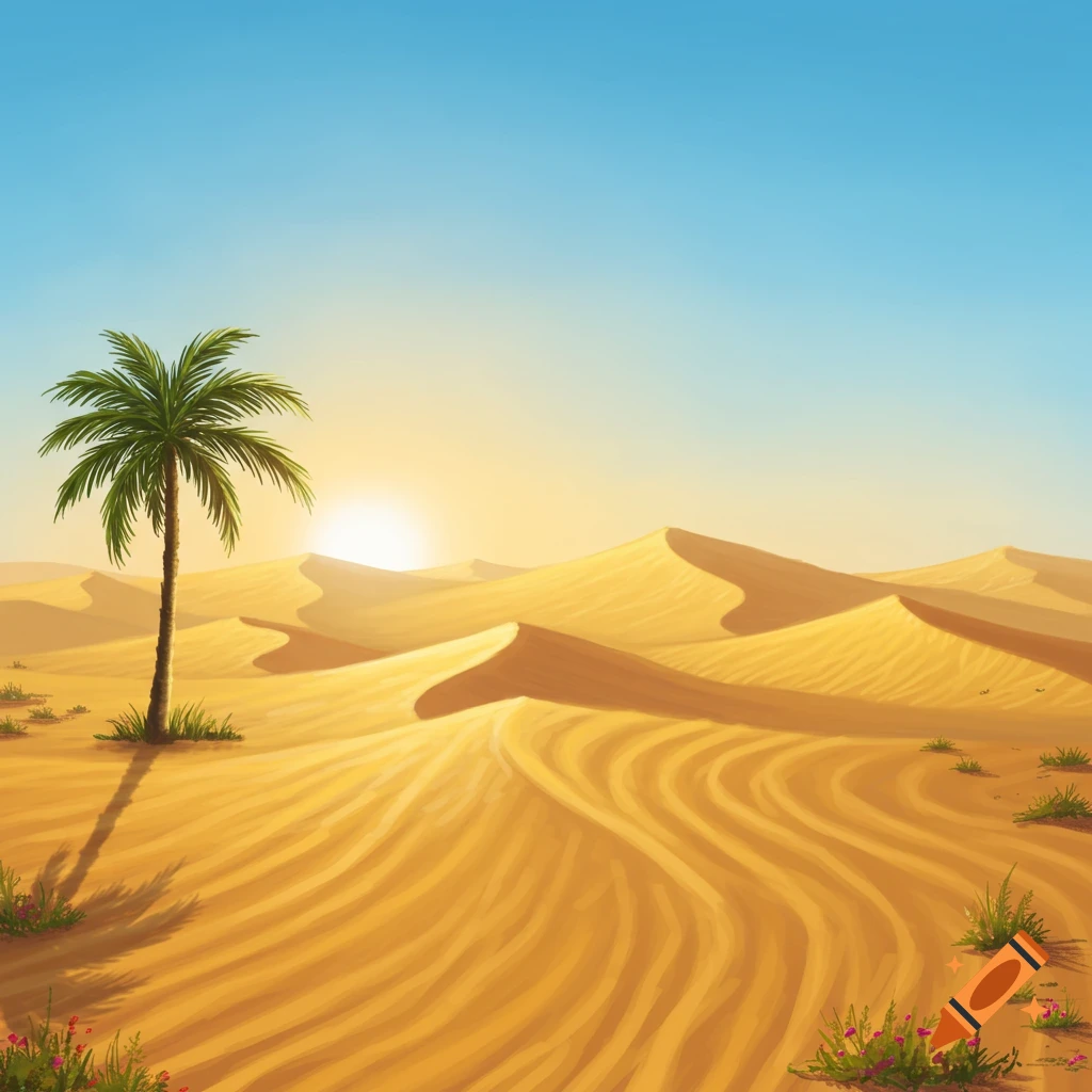 A vibrant illustration of a desert landscape with golden sand dunes, a lone palm tree, and a bright sun in a blue sky.
