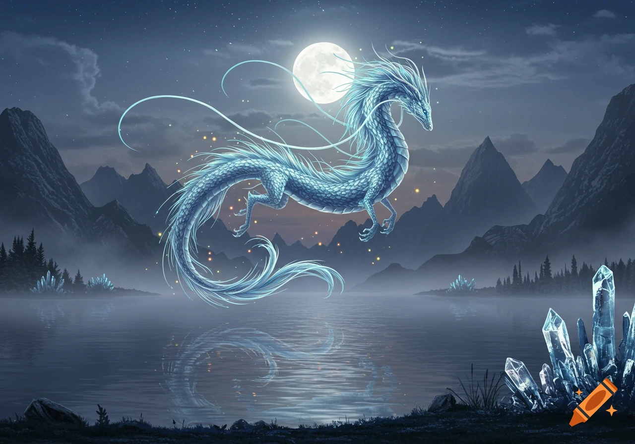 A luminous blue-white dragon floats over a misty lake under a full moon, surrounded by dark mountains and glowing crystals in a fantasy art style.