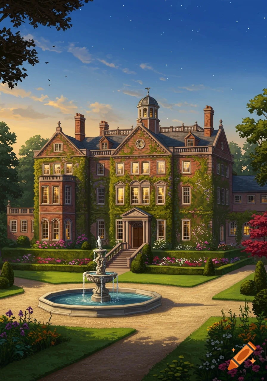 A grand, ivy-covered brick mansion with many windows and a dome, set in a lush garden with a tiered fountain and paved paths under a twilight sky.