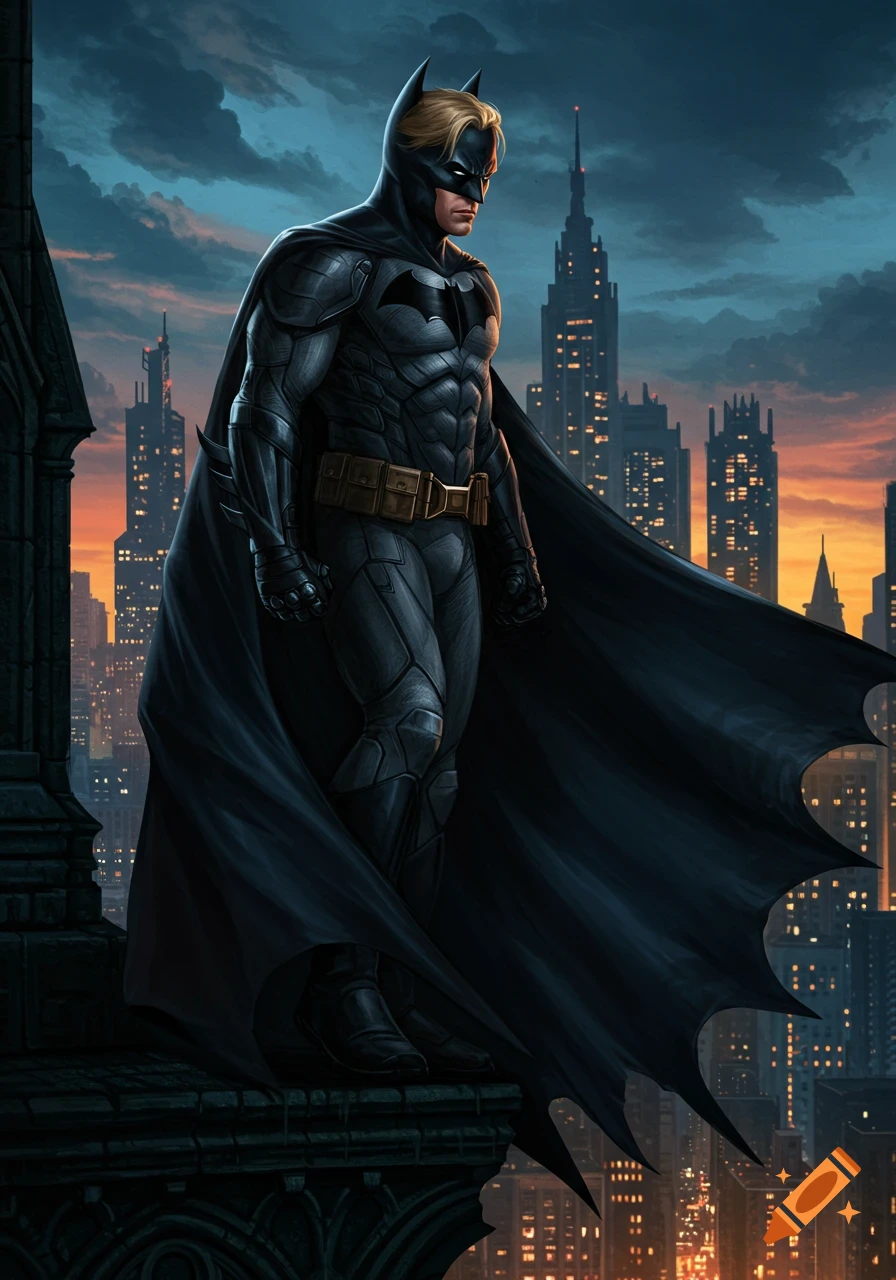 Blond Batman in a dark suit and flowing cape stands on a gothic rooftop overlooking a glowing cityscape at sunset, comic art style.