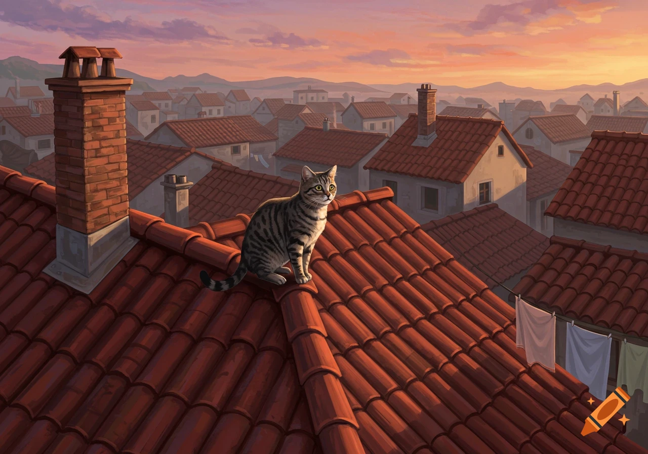 A tabby cat sits on a red-tiled rooftop, overlooking a town at sunset with an orange and pink sky.