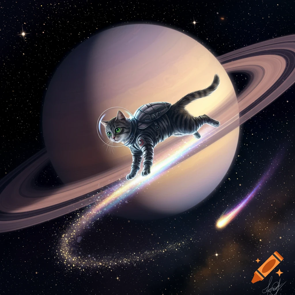A tabby cat in an astronaut suit surfs a rainbow light trail across Saturn's rings in deep space.