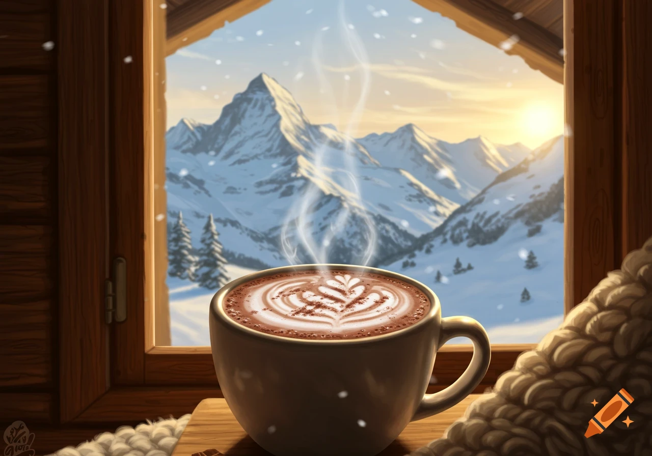 A steaming cup of coffee with latte art sits on a wooden windowsill, overlooking a snowy mountain landscape at sunrise.