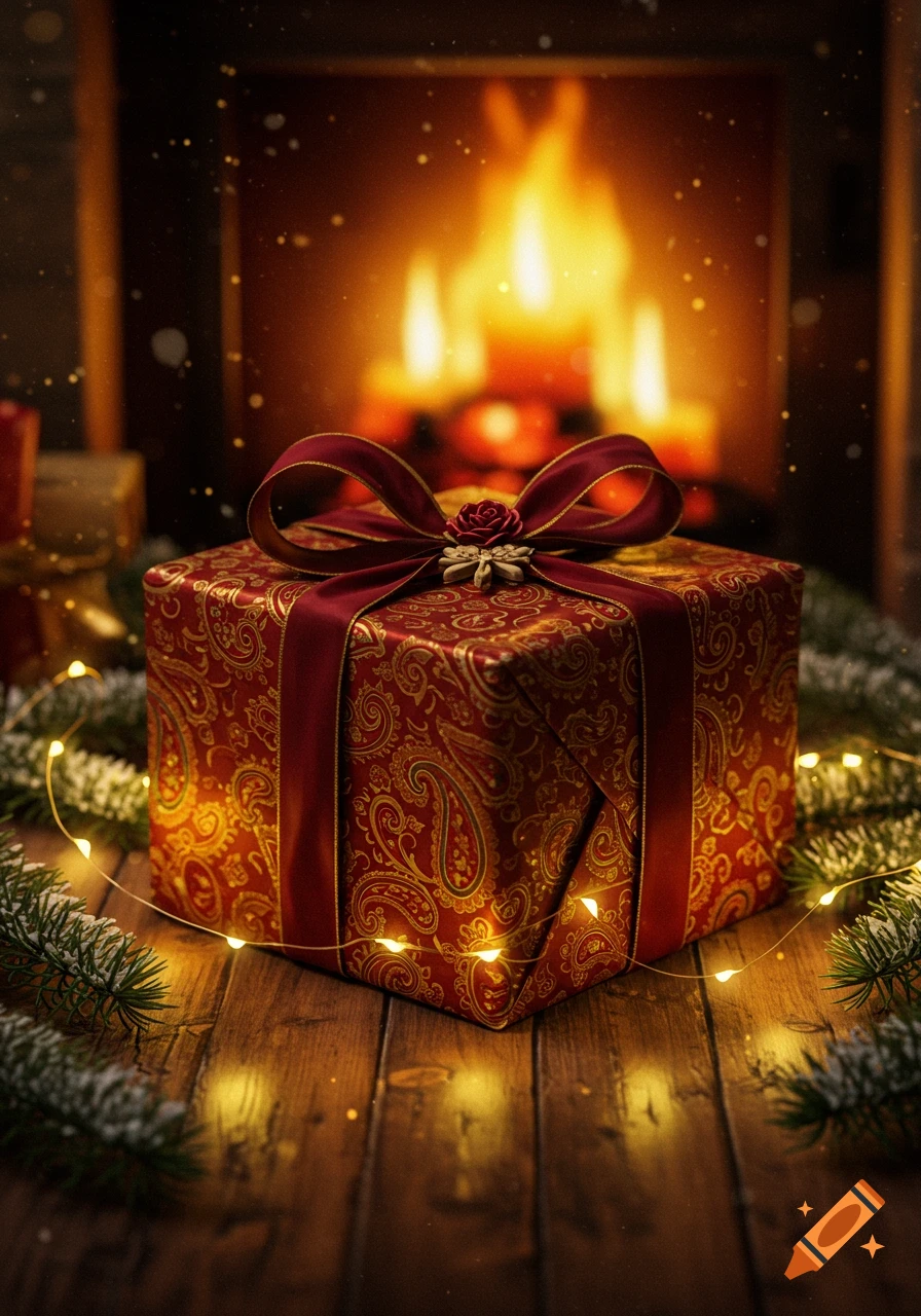 A beautifully wrapped red and gold gift box with a red ribbon and bow, surrounded by fairy lights and pine, in front of a warm fireplace.
