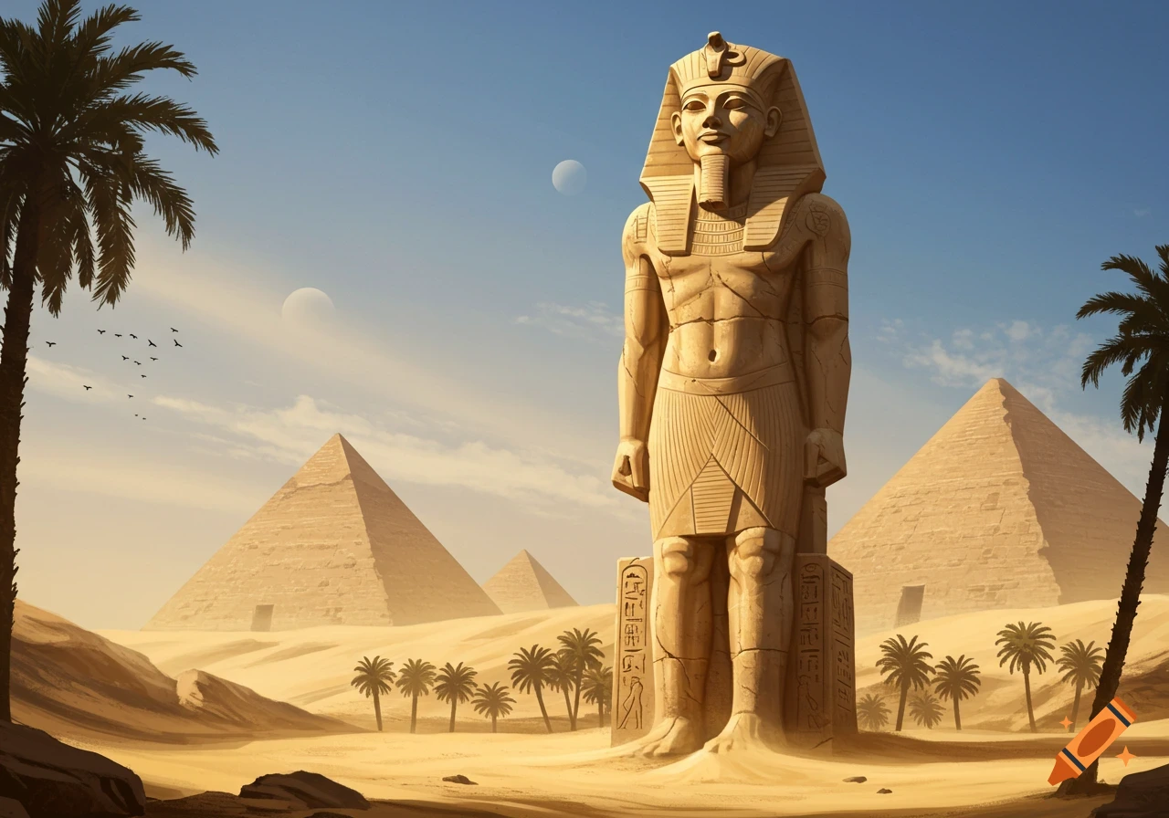 A massive stone statue of a standing pharaoh in an ancient Egyptian desert landscape with pyramids, palm trees, and two moons in the sky.