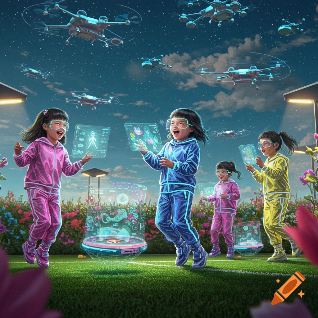Children play with holographic screens in a futuristic park as drones fly above.
