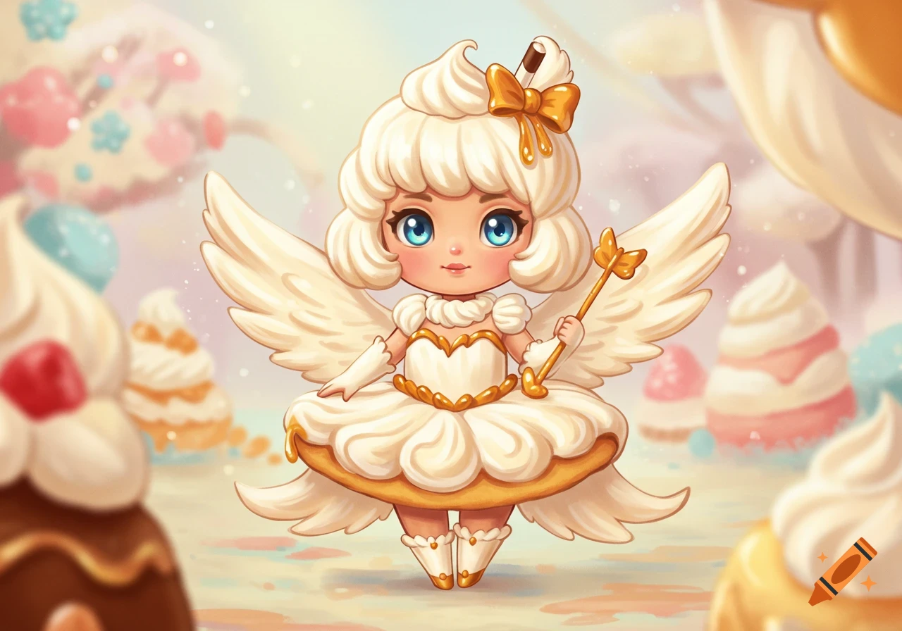 A cute chibi pastry fairy with whipped cream hair, small wings, and a dress, holding a golden wand in a pastel dessert land.
