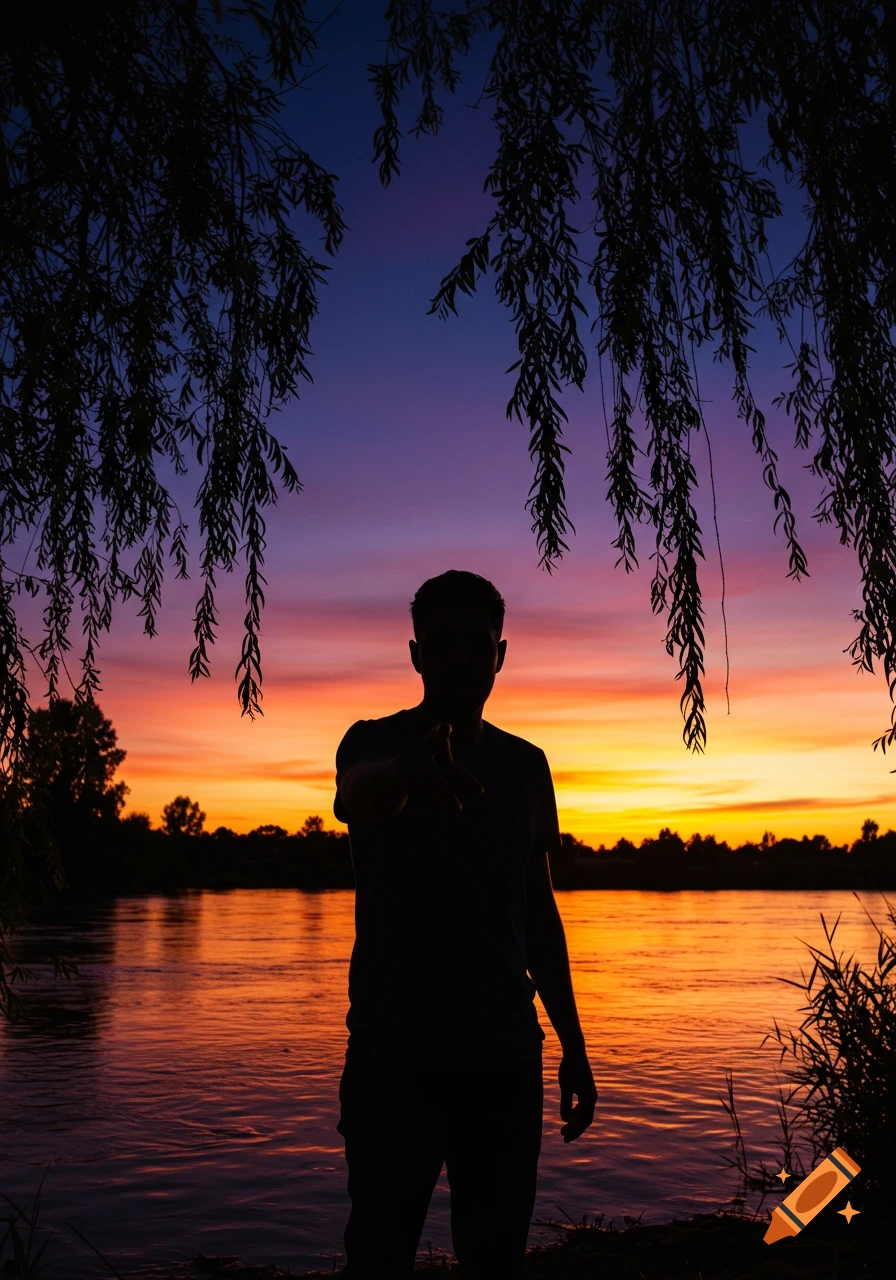 A silhouetted man stands by a river at sunset, reaching out to the camera, framed by weeping willow branches.
