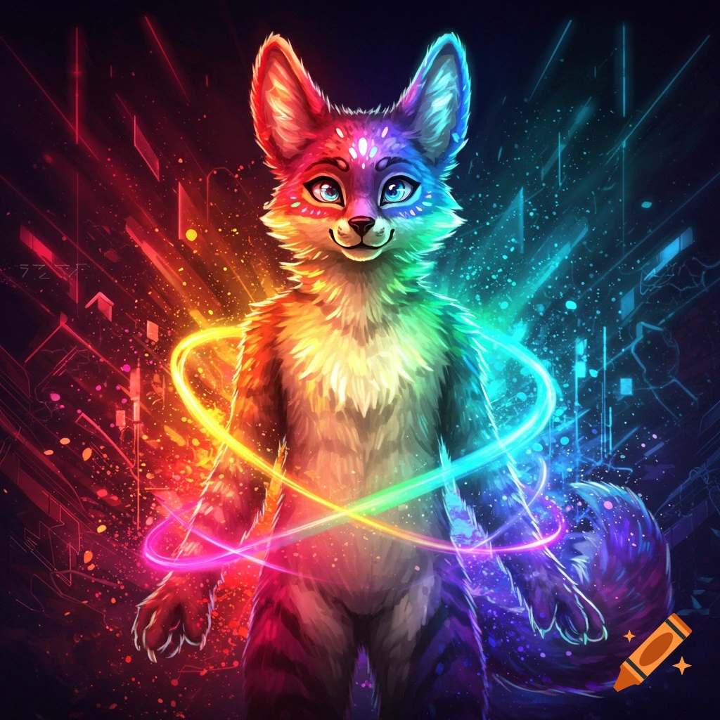 A vibrant, rainbow-colored fox-like creature with glowing eyes stands against a dark, abstract digital art background.