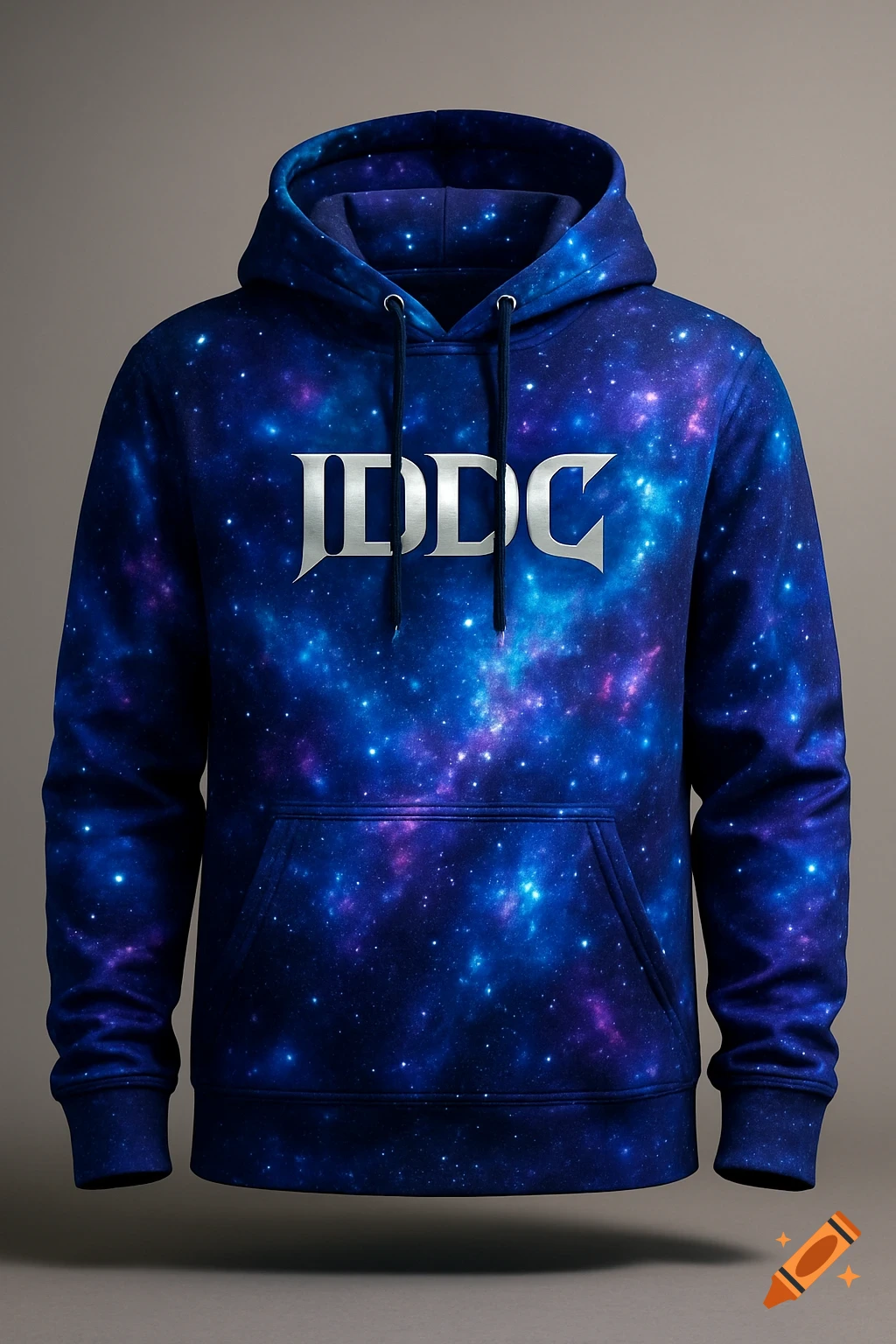 A blue and purple galaxy-themed hoodie with the silver 'IDDC' logo on the chest, floating against a gray background.