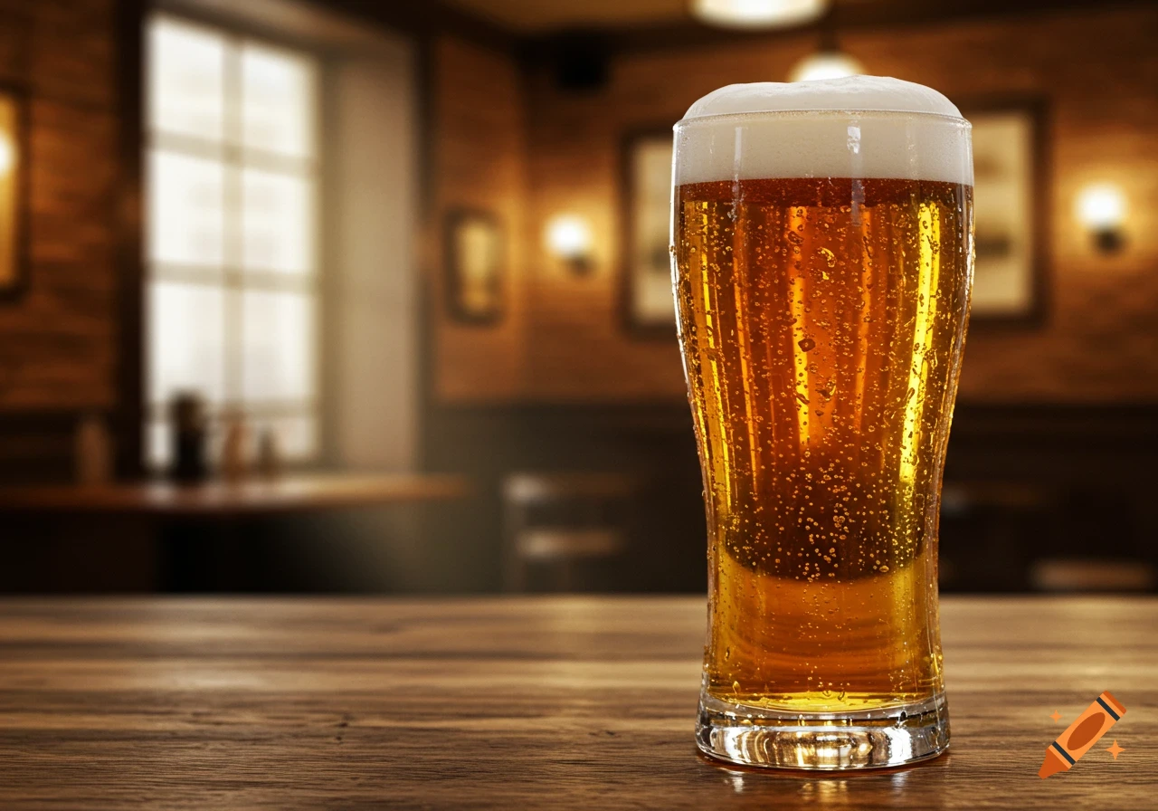A photorealistic image of a tall glass of golden beer with a foamy head, sitting on a wooden table in a blurry pub.