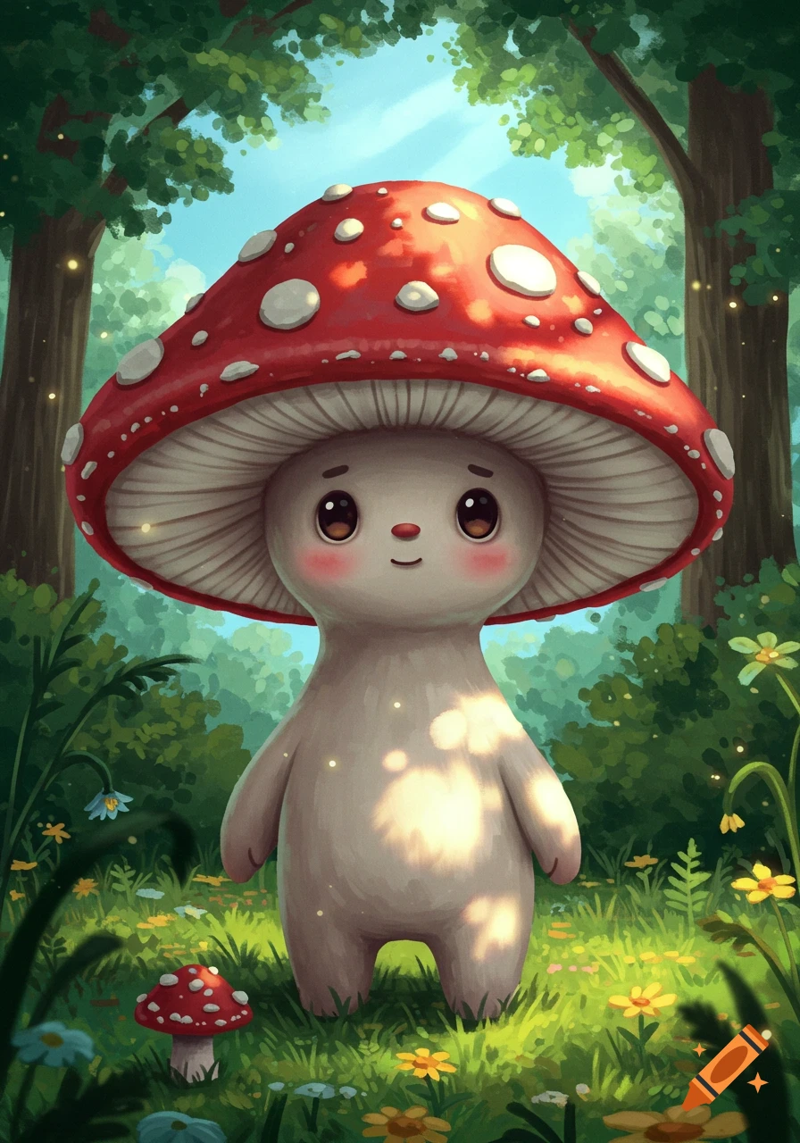 A cute anthropomorphic mushroom character with a red and white spotted cap stands in a vibrant, whimsical forest among colorful flowers.
