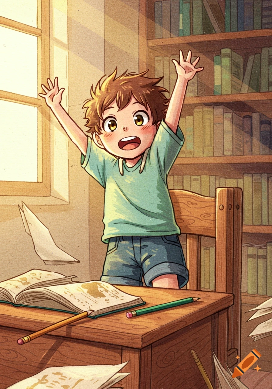 A joyful anime boy with raised arms at a desk with open books and pencils in a sunlit room with bookshelves, in colored pencil art.