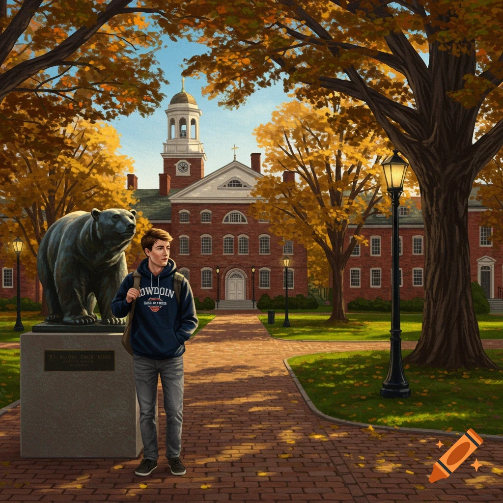 A male Bowdoin College student wearing a hoodie stands next to a bear statue on a brick path, with a large college building and autumn trees in the background.
