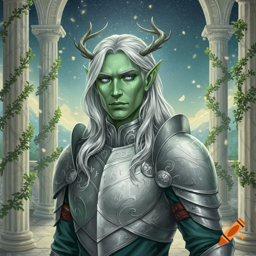 A male fantasy character with green skin, long white hair, antlers, and ornate silver armor, in a classical setting.