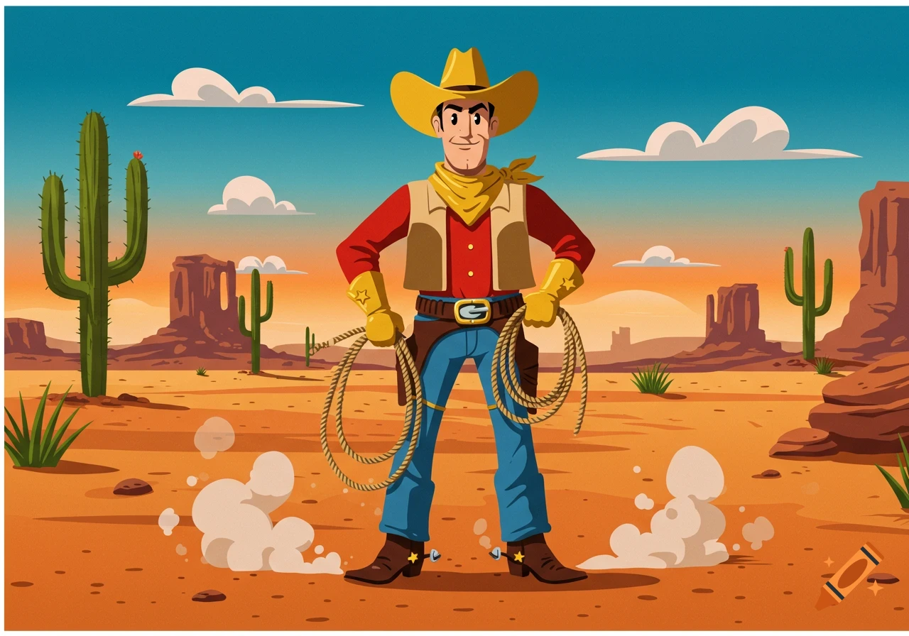 A cheerful 50s-style cartoon cowboy stands in a desert holding two lassos, with cacti and mesas in the background.