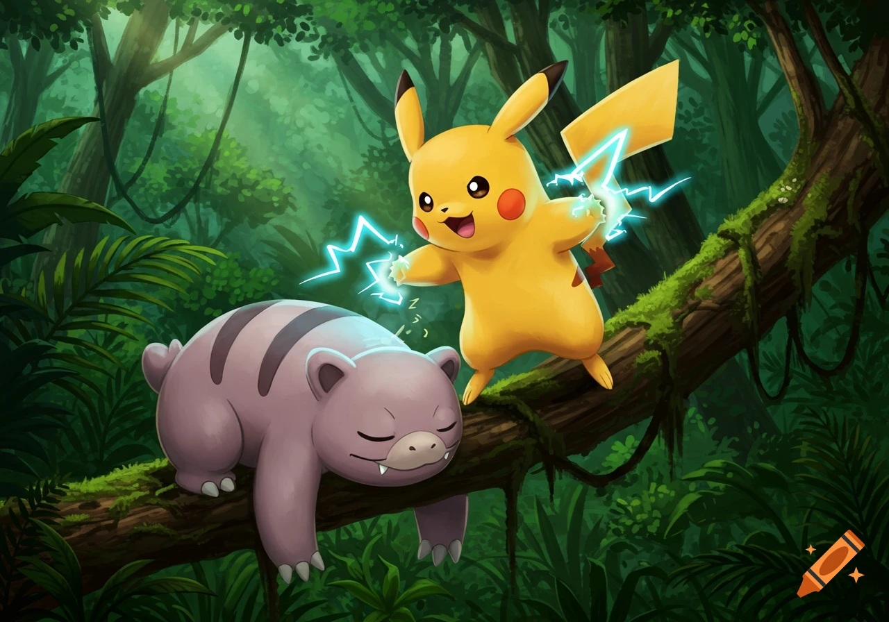 Pikachu, emitting blue electricity, stands on a mossy jungle branch next to a sleeping pink Slakoth.