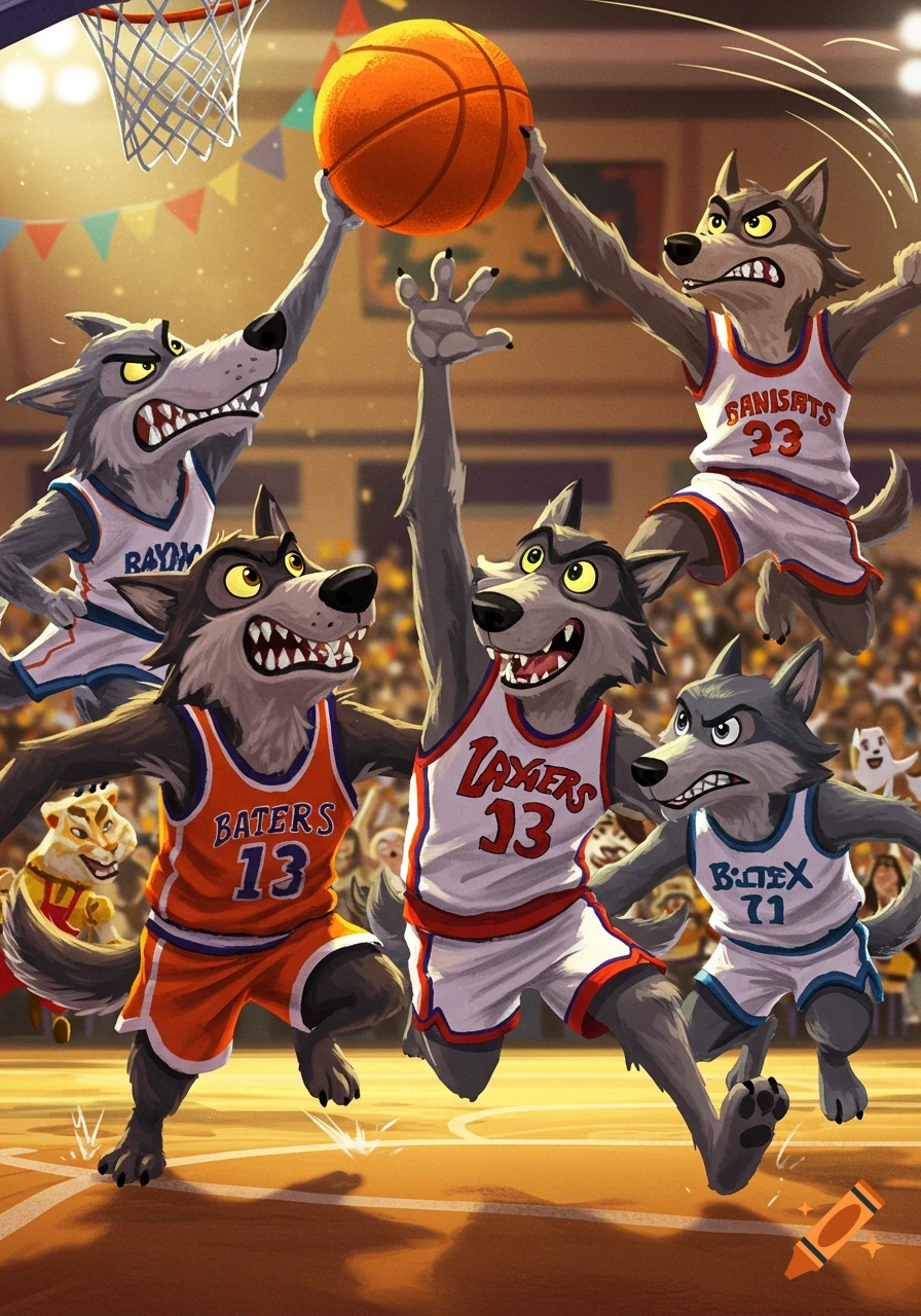 Cartoon wolves in basketball jerseys playing a game on a brightly lit indoor court.