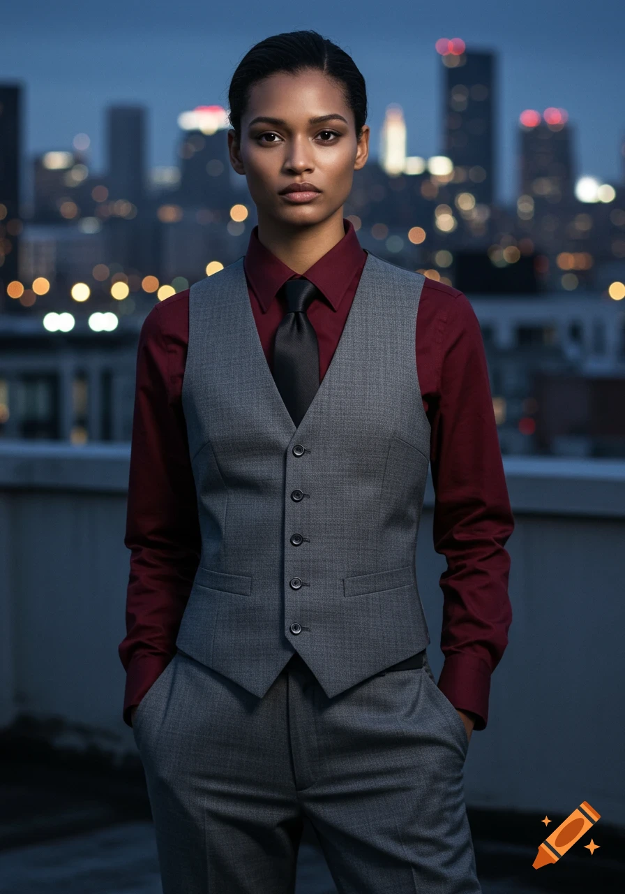 A woman in a grey vest suit with a dark red shirt and black tie stands in front of a blurry city skyline at dusk.