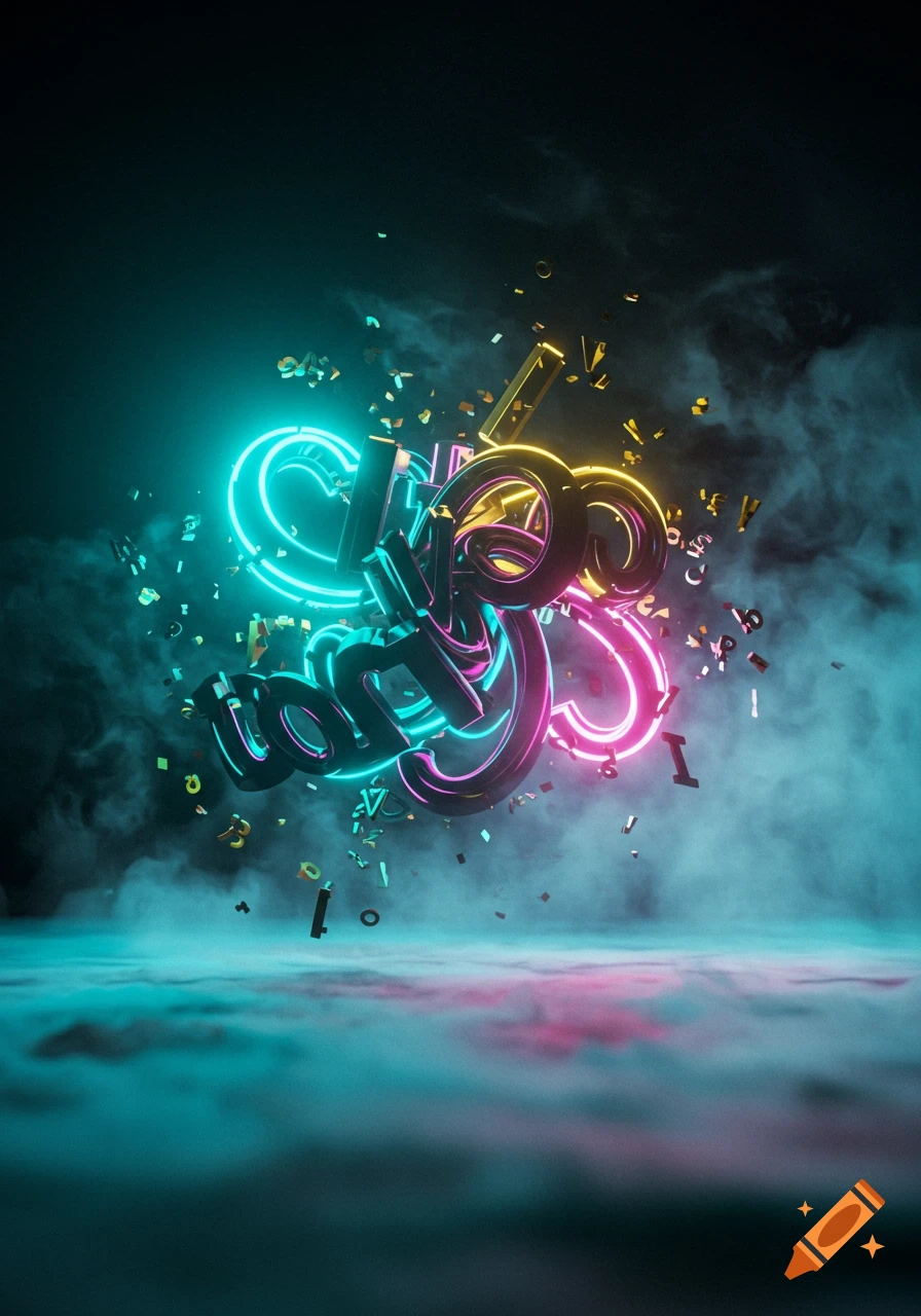 Abstract neon glowing shapes in teal, pink, and yellow intertwine amidst floating letters and numbers, with smoke curling below.