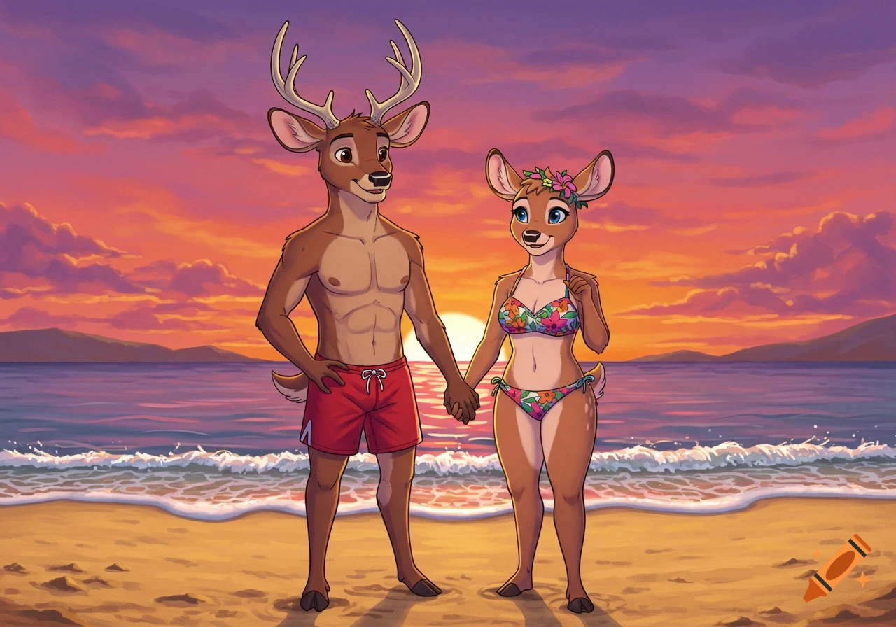 An anthropomorphic deer couple, male in red trunks and female in a floral bikini, hold hands on a beach at sunset in a cartoon style.