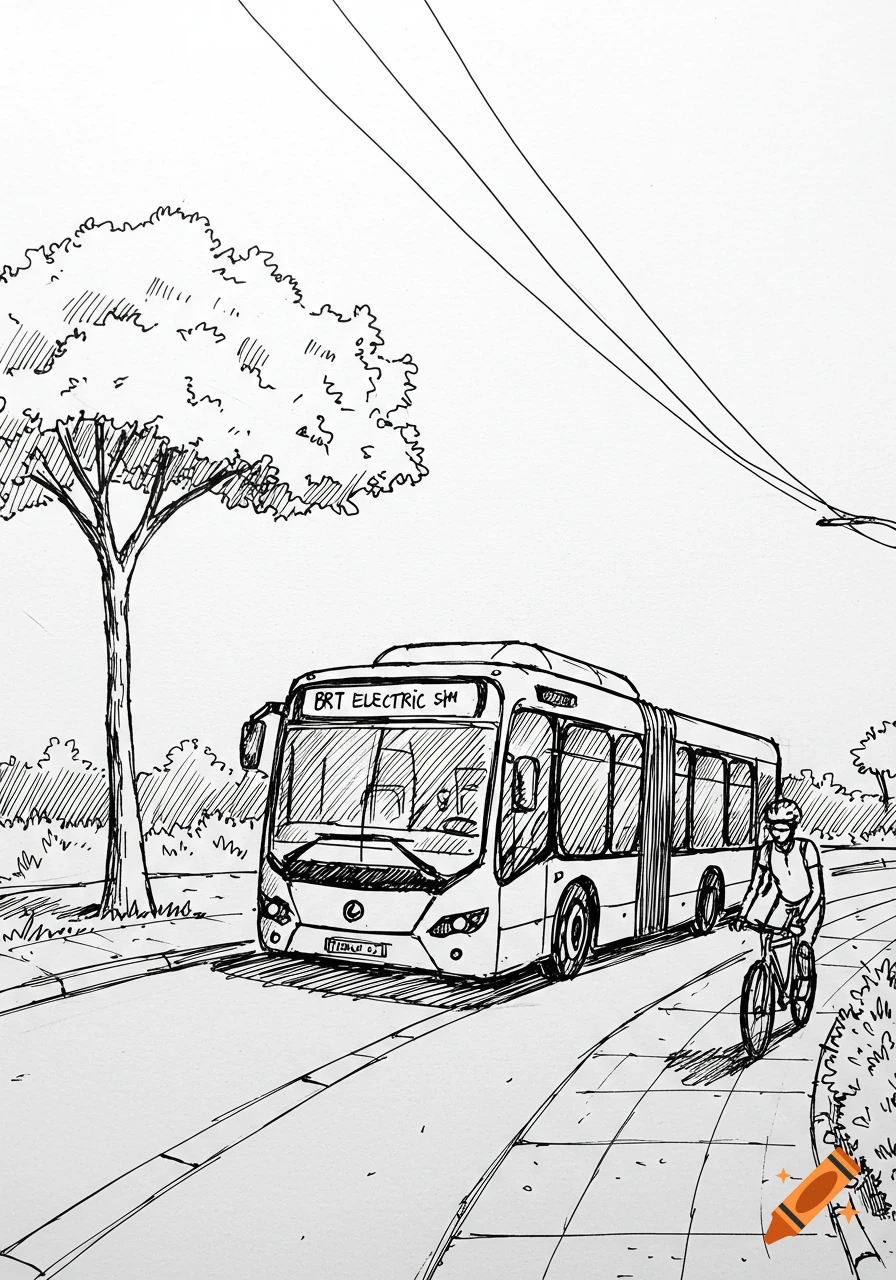 A hand-drawn black and white sketch of an electric BRT bus and a cyclist on a road with a tree and bushes.
