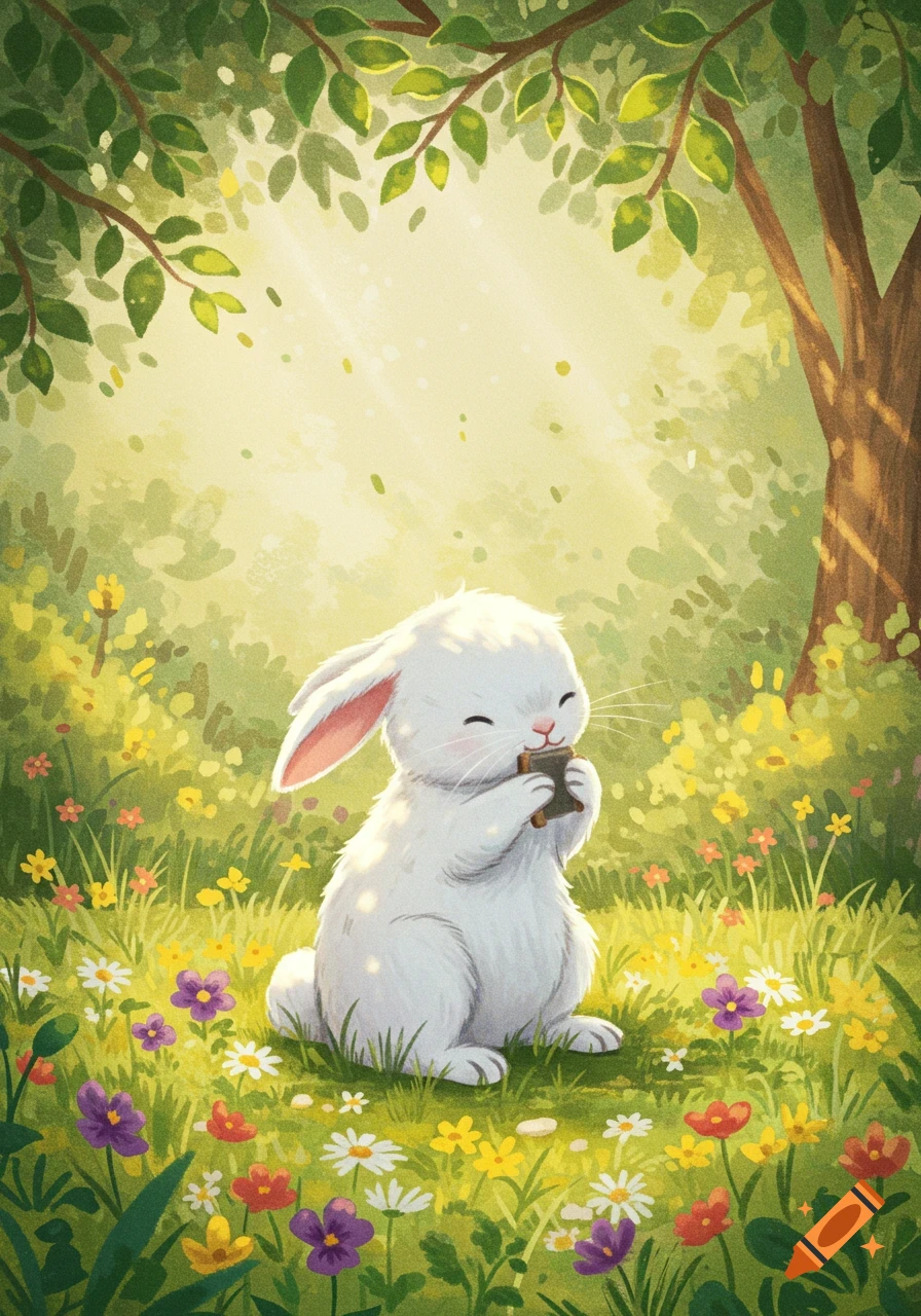A cute white bunny sits happily in a sunny field of colorful wildflowers under green trees, holding a small item to its mouth.