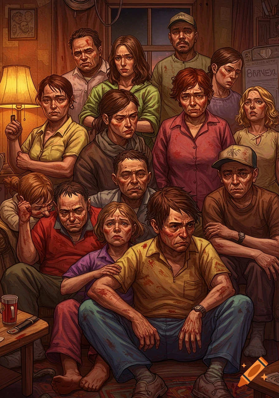 A large group of distressed-looking people, some with blood on their faces and clothes, are gathered indoors, in an illustrative style.