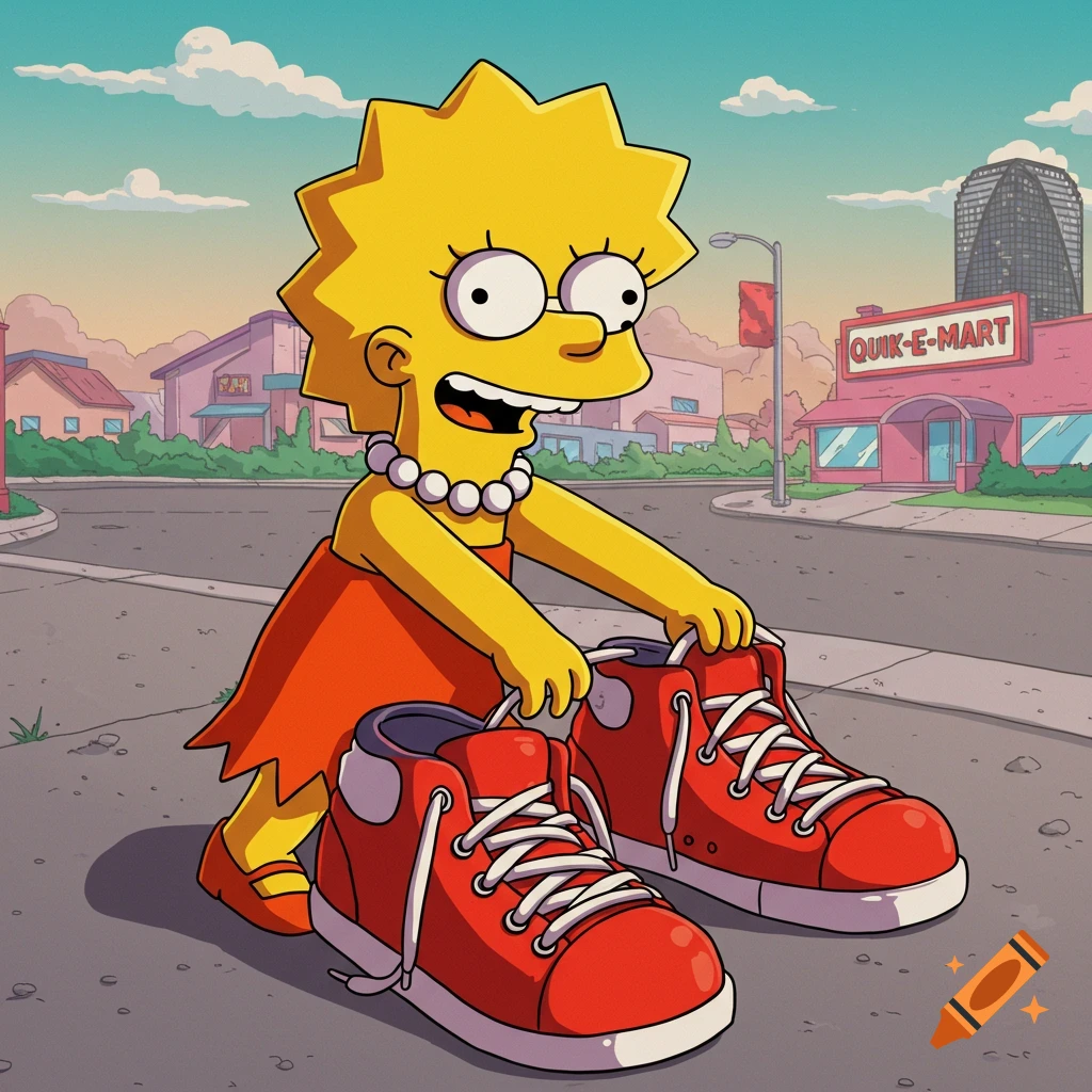 Lisa Simpson, in cartoon style, bends over holding two giant red sneakers on a street with a Quik-E-Mart in the background.