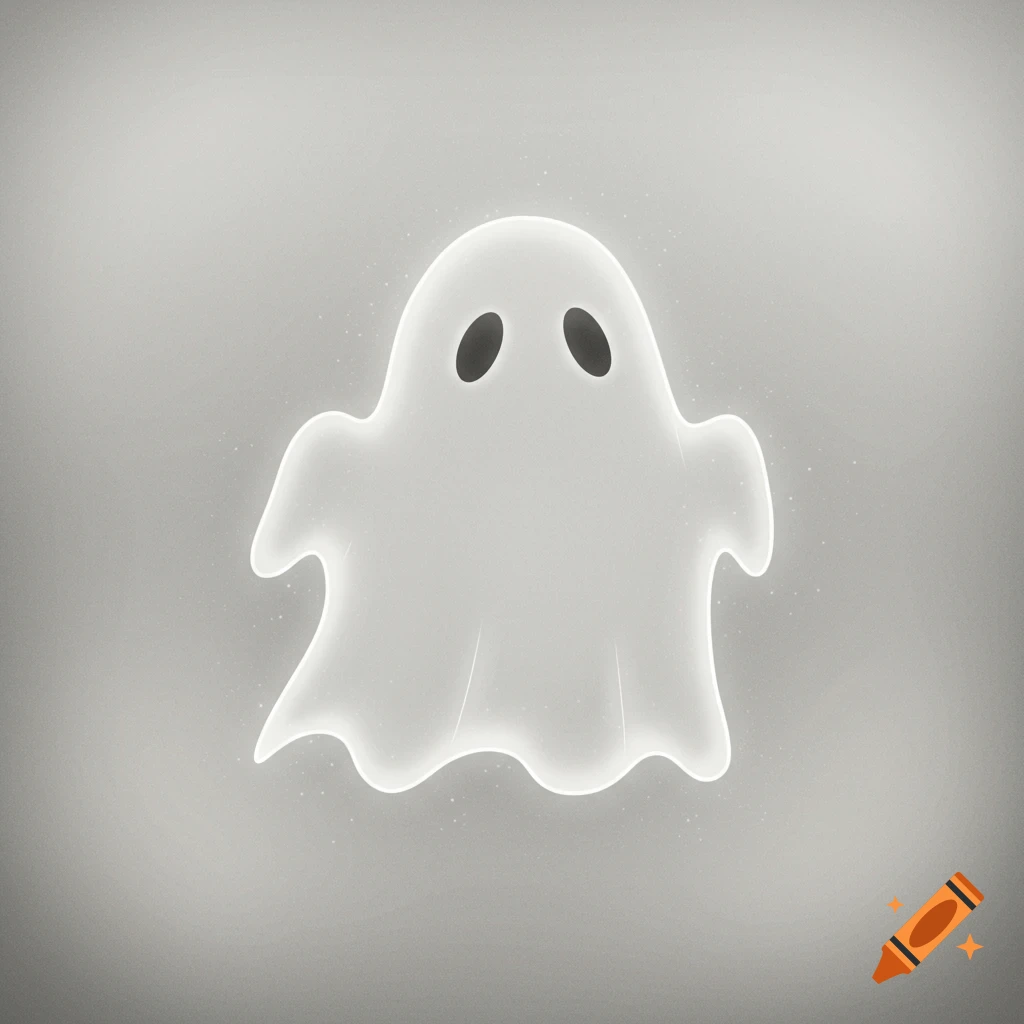 A simple, glowing white ghost illustration with two black oval eyes, centered on a light gray background.