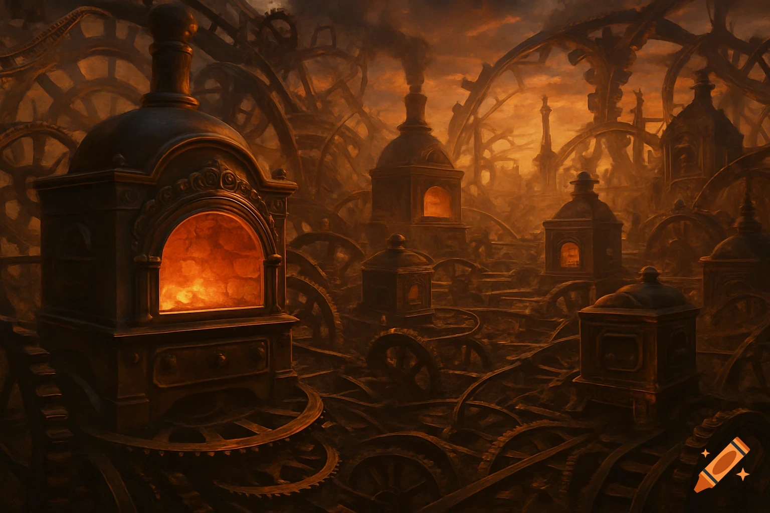 A dark, steampunk-style landscape with intricate gears, industrial structures, and glowing furnaces under an orange sky.