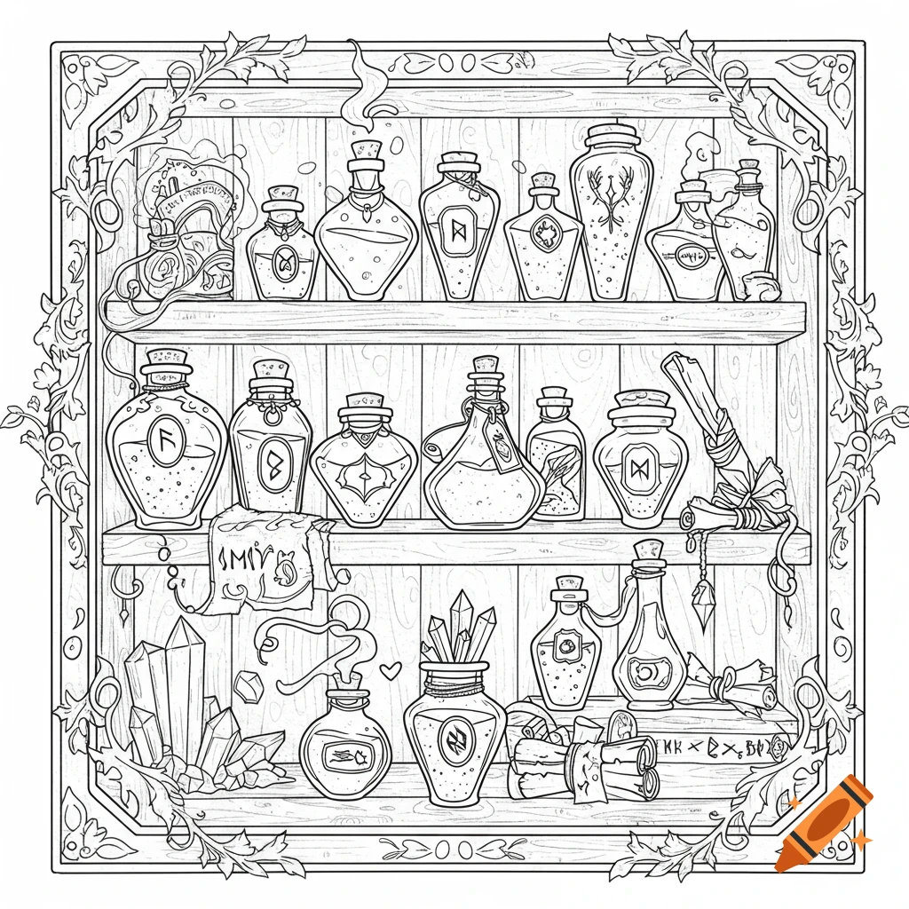 A line art coloring page of a wooden shelf filled with various decorative potion bottles, crystals, scrolls, and magical items.