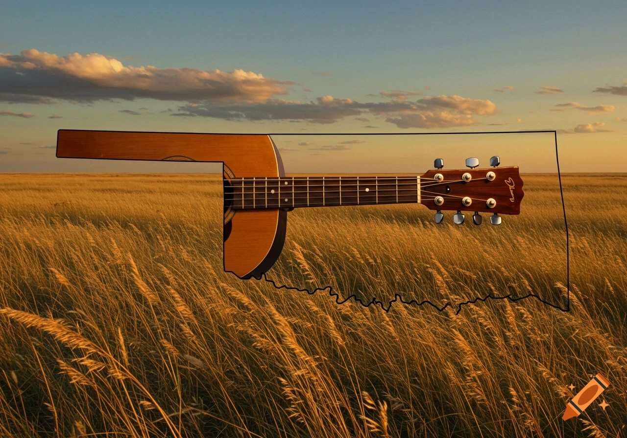 The shape of Oklahoma with a guitar neck growing from the panhandle, set against a golden field and sunset sky.