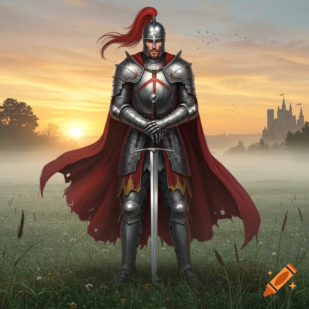 A medieval knight in shining armor and a red cape stands in a misty field, holding a sword at sunset with a castle in the distance.