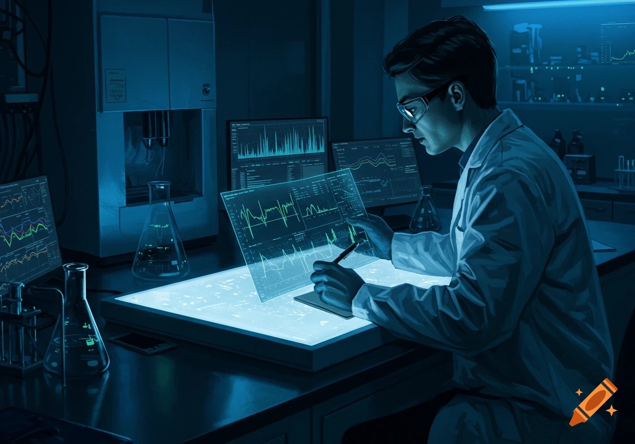 A male laboratorian in a white coat and glasses views glowing green data on a transparent screen in a futuristic dark blue lab.