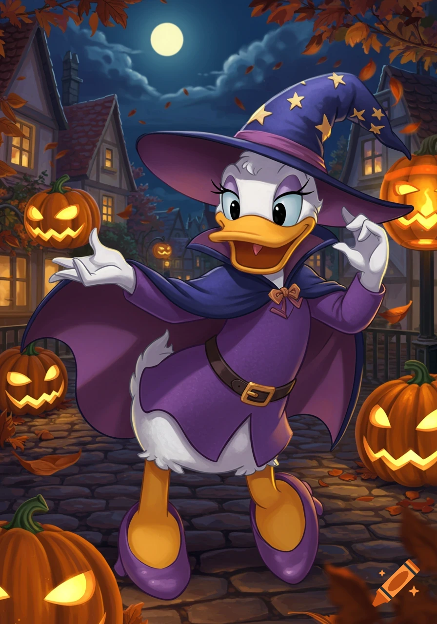 Daisy Duck in a purple witch costume and hat, standing among glowing jack-o'-lanterns in a spooky village at night.